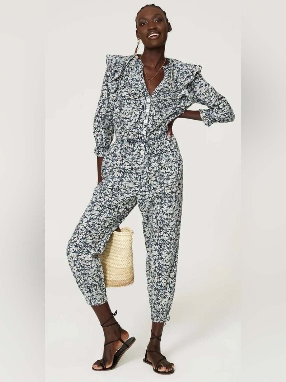 Veronica Beard 100% Cotton Tanay Jumpsuit Cropped Blue Off White Size 12 Coastal